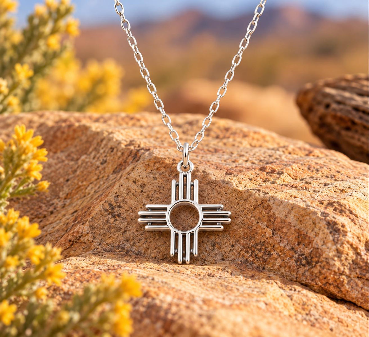 Sterling Silver Zia Sun Pendant Necklace - Southwest Pueblo Design Jewelry