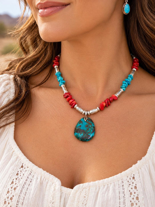 Turquoise Teardrop Pendant Necklace - Coral & Silver Accents, Southwestern Style