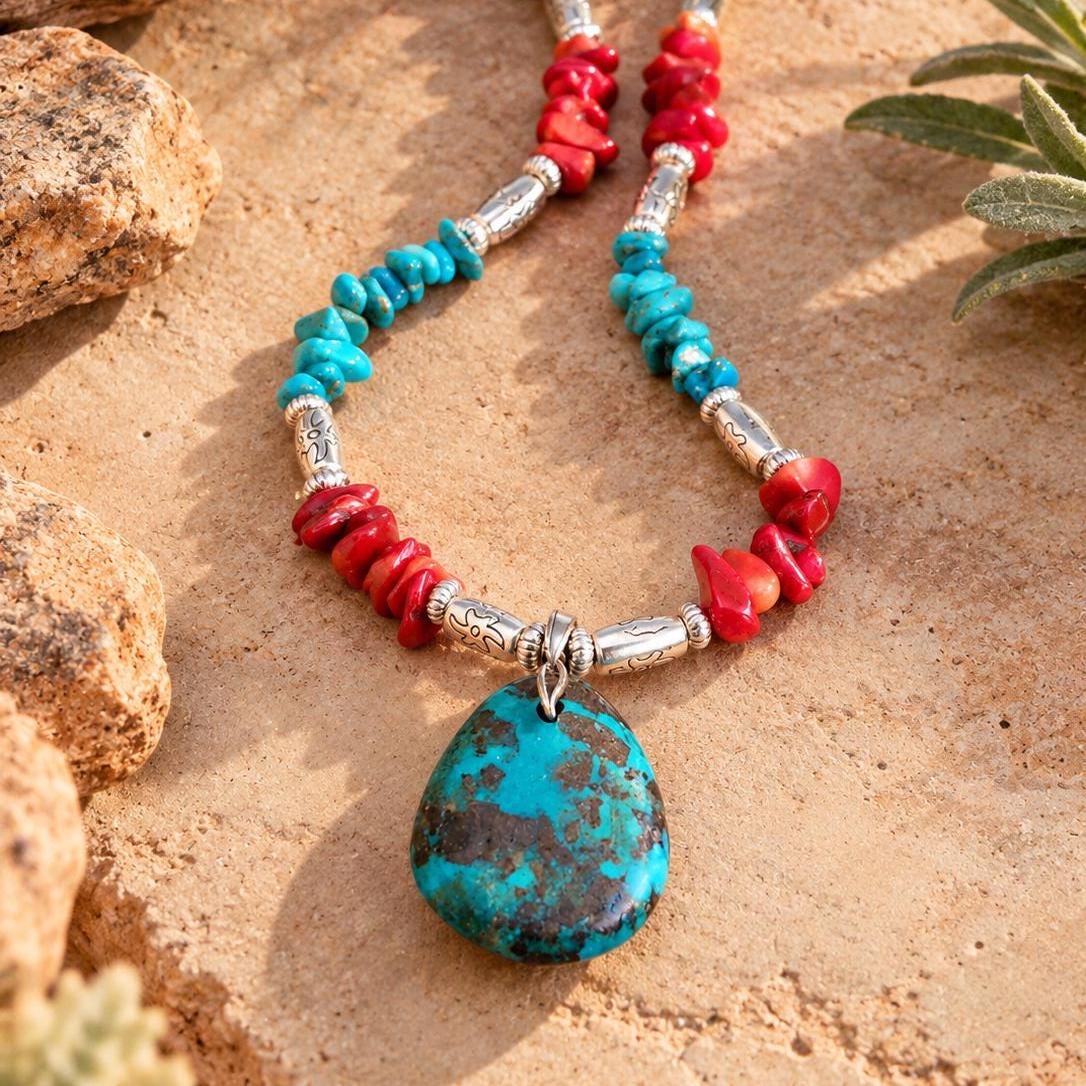 Turquoise Teardrop Pendant Necklace - Coral & Silver Accents, Southwestern Style