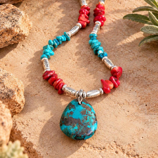 Turquoise Teardrop Pendant Necklace - Coral & Silver Accents, Southwestern Style