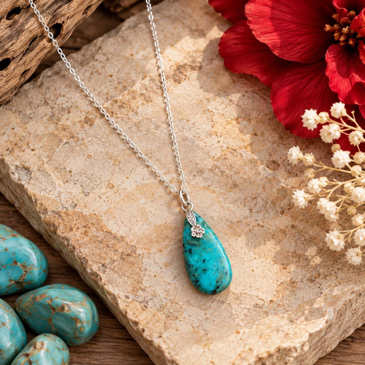 Turquoise Teardrop Pendant Necklace - Sterling Silver Chain, December Birthstone