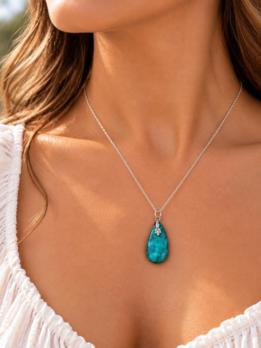 Turquoise Teardrop Pendant Necklace - Sterling Silver Chain, December Birthstone