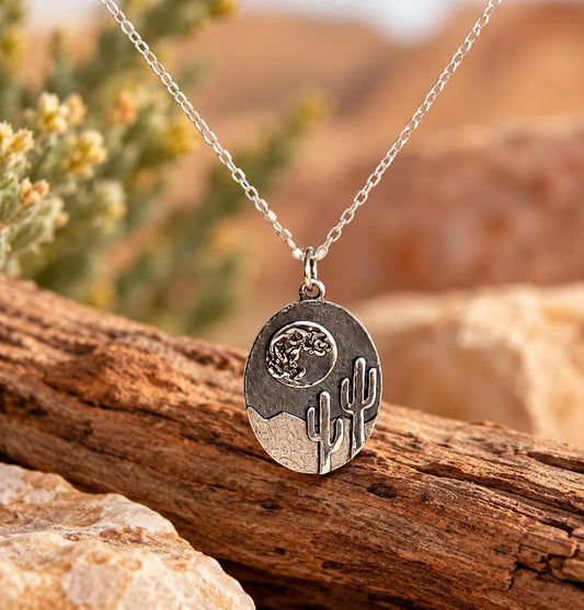 Desert Cactus Pendant Necklace - Sterling Silver Saguaro Moon