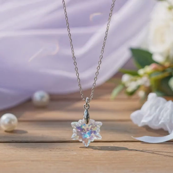 Aurora Borealis Edelweiss Crystal Pendant Necklace, Sterling Silver Chain, Adjustable Length
